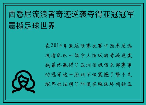 西悉尼流浪者奇迹逆袭夺得亚冠冠军震撼足球世界