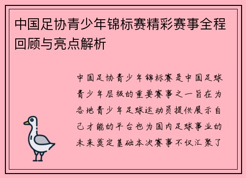 中国足协青少年锦标赛精彩赛事全程回顾与亮点解析