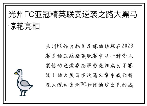 光州FC亚冠精英联赛逆袭之路大黑马惊艳亮相